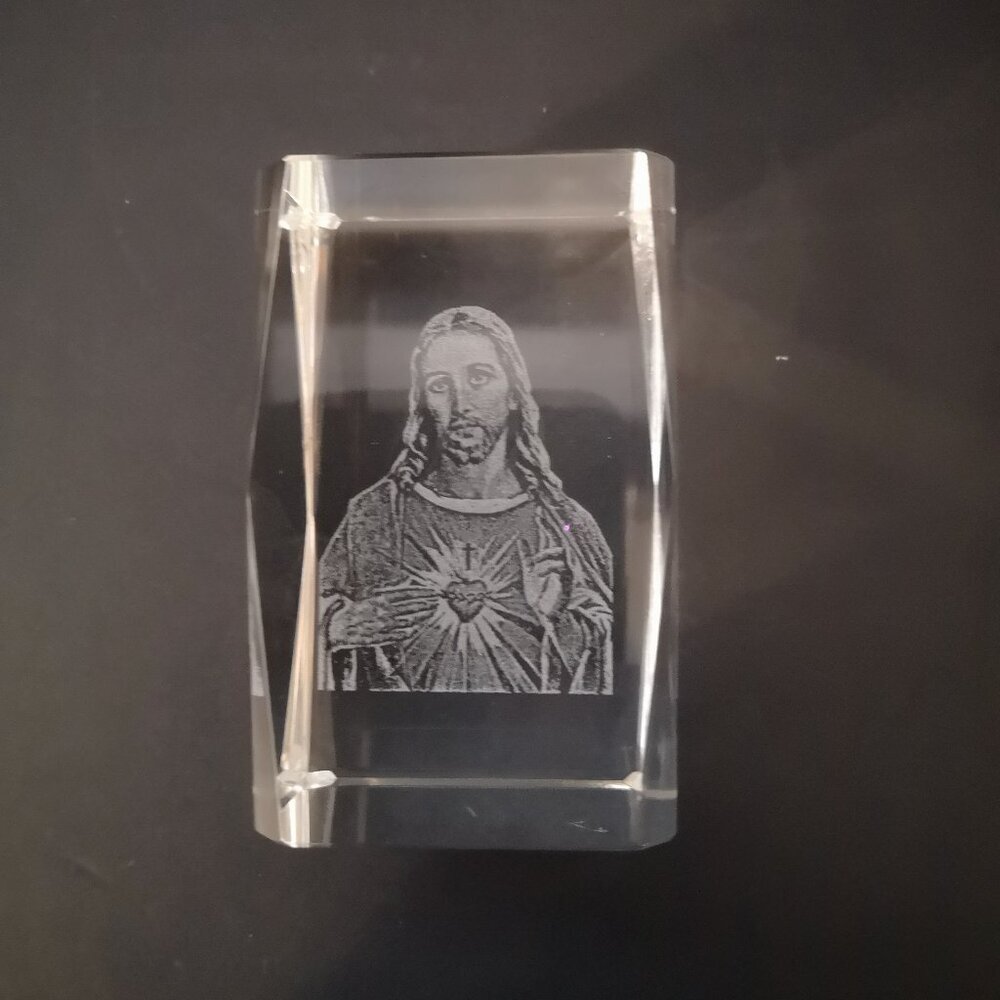 Religious Clear Glass Laser Cut Etched  Paperweight Jesus 3" High 2 Sided